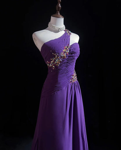 Vintage Abschlussballkleider A-Linie One Shoulder Lila Chiffon 80er Jahre mit Perlen Lang Formelle Abendgarderobe N3889