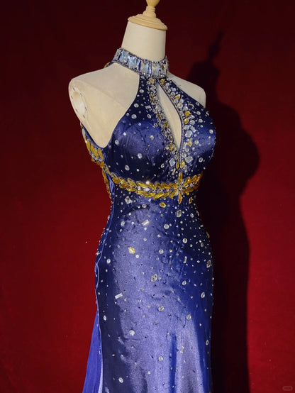 Vintage Prom Dresses 90s Mermaid High Neck Royal Blue Satin Backless Silver Beading Long Semi Formal Evening Dress N3673