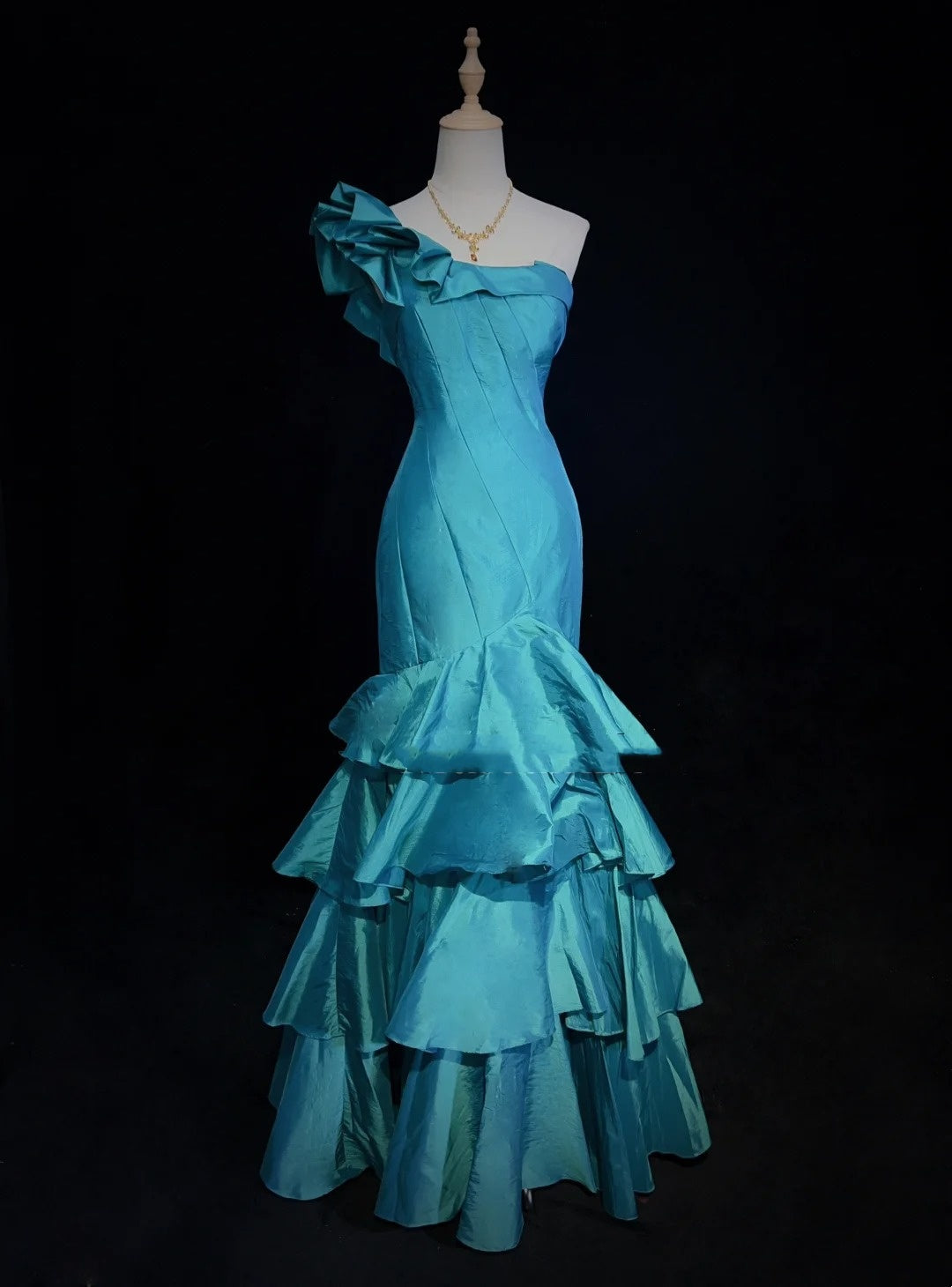 Robes de bal vintage des années 80, sirène, asymétrique, en satin bleu, sans manches avec volants, tenues de soirée semi-formelles N3623