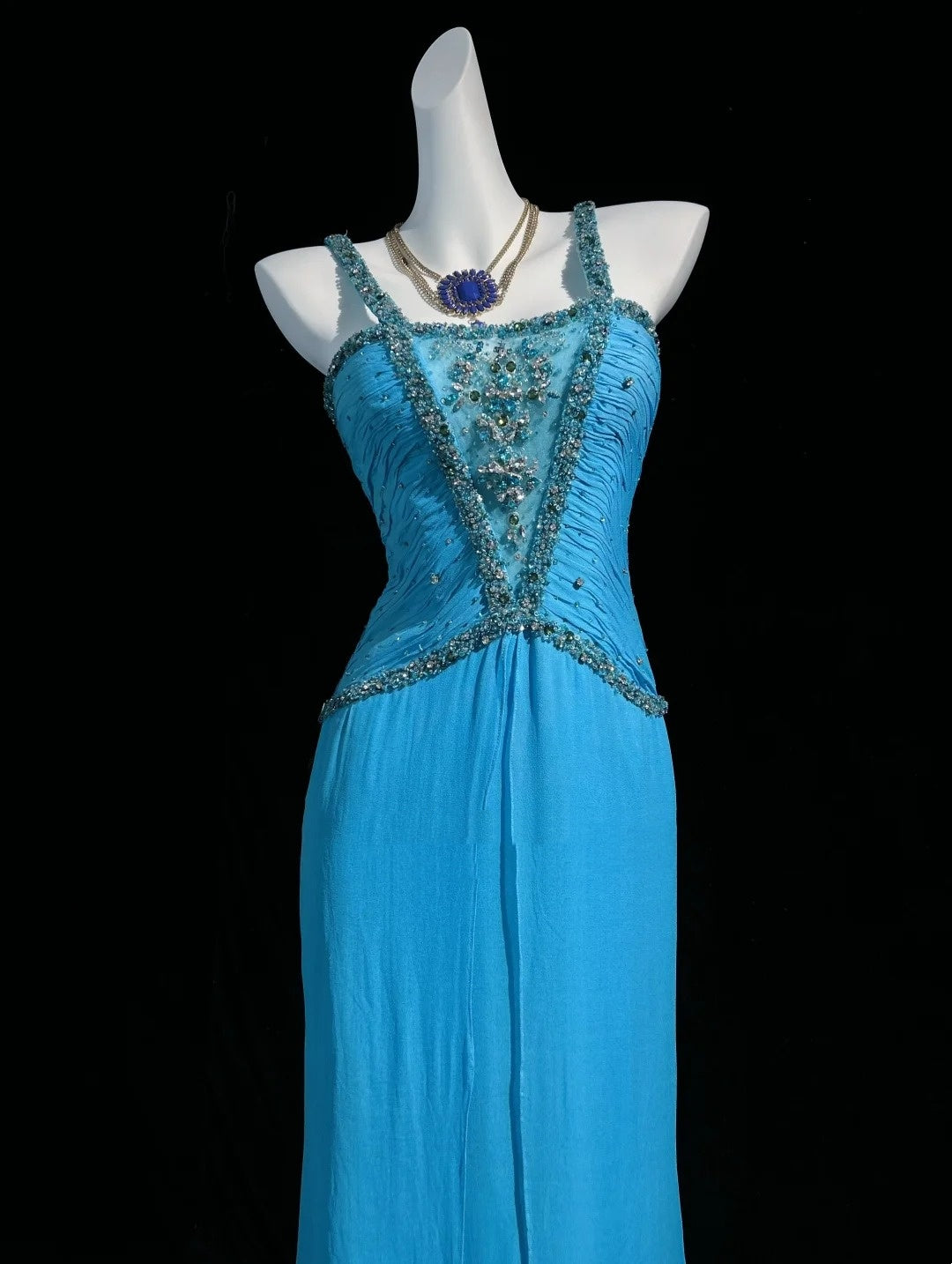 Vintage Prom Dresses Mermaid Halter Blue Chiffon 80s With Beading Long Formal Evening Outfits N4201