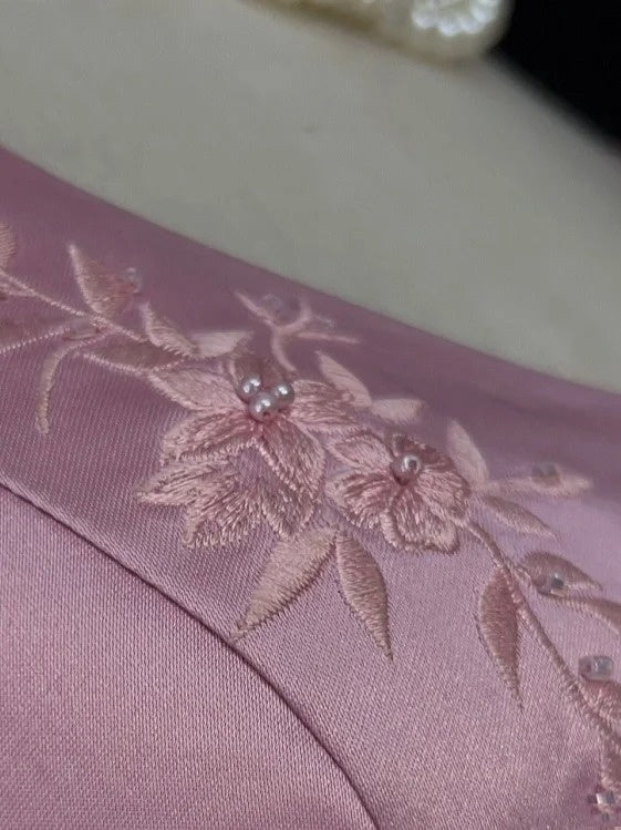 Vintage Prom Dresses A line Square Neck Pink Satin With Pearls 90s Long Formal Evening Gown N2662