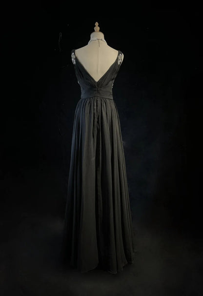 Robes de bal vintage en mousseline de soie, coupe trapèze, col en V, style années 80, avec perles, longues, pour soirées formelles N4221