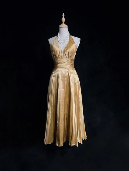 Vintage Prom Dresses 1960s A line Halter Gold Tea Lenngth Satin With Pleated Prom Gown N3123