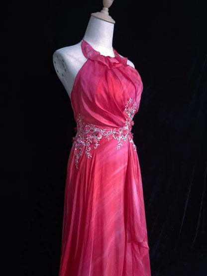 Vintage Abschlussballkleider A-Linie Neckholder Hot Pink Chiffon mit Applikationen Formelle Abendkleider N3855