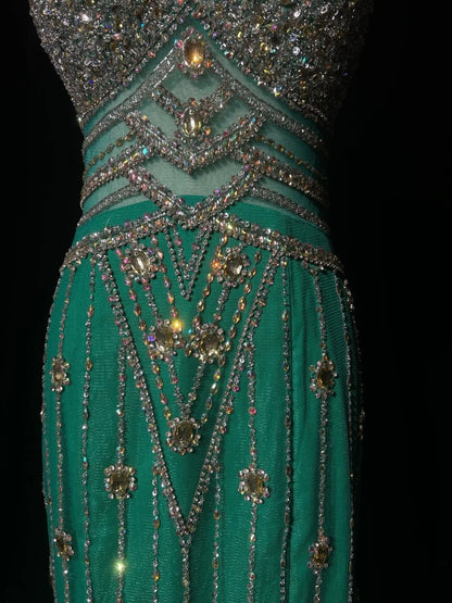 Vintage Sirène Col en V Vert Dos Nu Robes de Soirée Longues de Bal Tenues Formelles RB3941