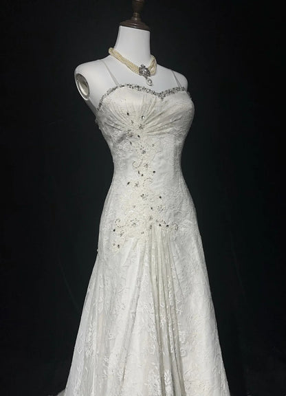 Robes de mariée uniques sirène, bretelles spaghetti, dentelle blanche, longue robe de mariée N3096