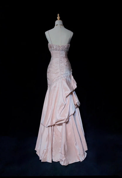 Robes de bal vintage sirène à fines bretelles en taffetas rose clair avec perles argentées années 50 longue robe de soirée N2597