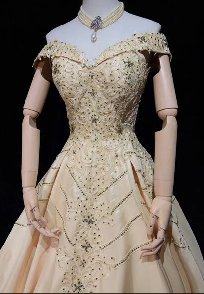 Robes de bal vintage des années 80, robe de soirée, épaules dénudées, couleur champagne avec perles, tenues de soirée N3468