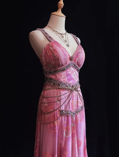 Inspiration robes de bal vintage trapèze asymétrique en mousseline rose avec perles, longue robe de soirée années 80 N2734