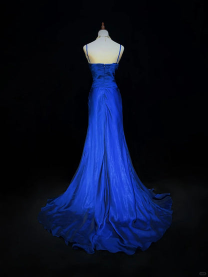 Inspiration Robes de bal vintage Sirène Bretelles fines Bleu roi Volants Années 80 Longue robe de soirée N2744