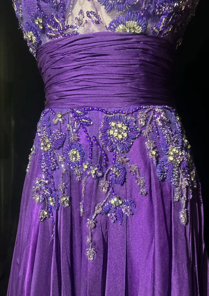 Vintage Prom-Kleider A-Linie U-Boot-Ausschnitt Lila Chiffon 80er mit Perlenstickerei Lange Formelle Abendgarderobe N3899
