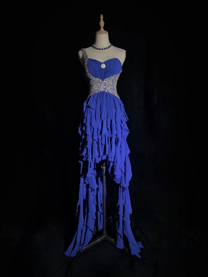 Robes de bal élégantes coupe trapèze asymétriques, une épaule, en mousseline bleu roi avec perles, sans manches, longue robe de soirée N2881