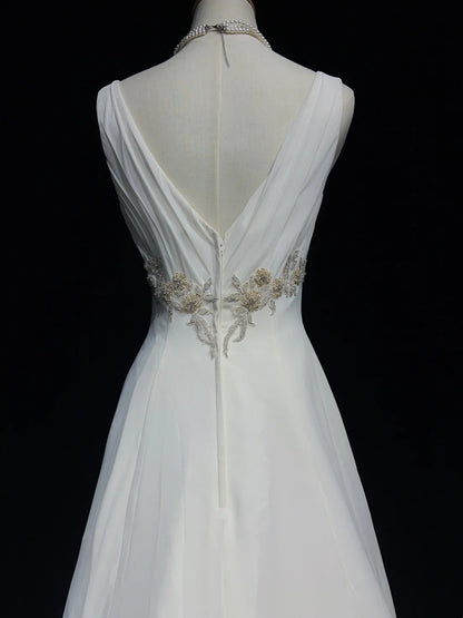 Einzigartige Brautkleider A-Linie V-Ausschnitt Weiß Chiffon Strand Sommer Boho Langes Brautkleid N3298