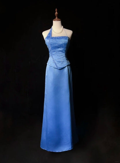 Vintage Ballkleider A-Linie Neckholder Blau Satin Mit Perlen Lang Abendkleid N2461