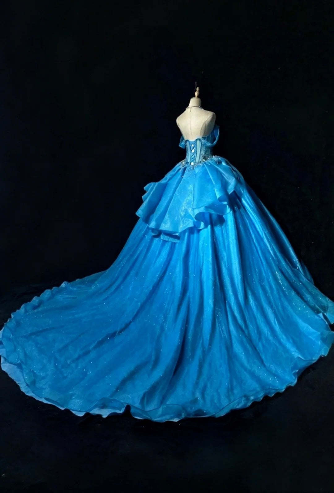Princess Ball Gown Off The Shoulder Blue Tulle With Appliqued Lace Sweet 16 Dresses Quinceanera Dress RB3289