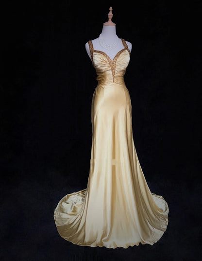 Inspiration Robes de bal Vintage Sirène Cœur Avec Bretelles Satin Doré Années 90 Avec Perles Robes de Soirée N3342