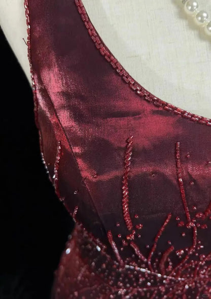 Robes de bal vintage coupe trapèze bordeaux avec paillettes, perles, robe de soirée formelle années 80 RB3278