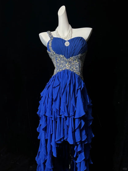 Vintage Prom Dresses 1950s High Low One Shoulder Royal Blue Chiffon With Layered Tiered Sleeveless Evening Formal Outfits RB4326