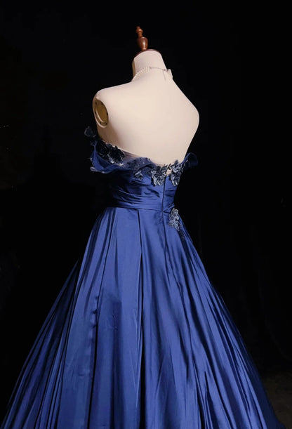 Robes de bal vintage pour le bal, bustier, en satin bleu marine avec applications, robe de soirée longue des années 90, N2658