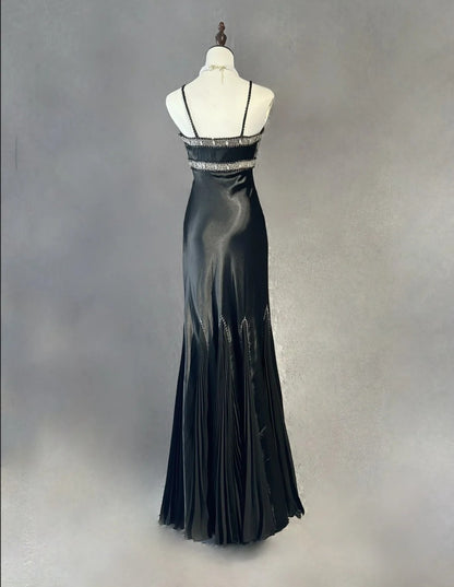 Robes de bal vintage sirène à fines bretelles en satin noir années 90 avec volants et perles longue robe de soirée formelle N2510