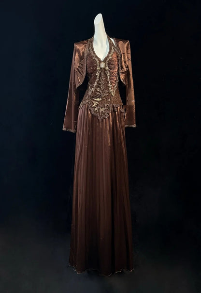 Vintage Prom Dresses 80s A Line Halter Chocolate Satin Long With Beading Evening Formal Outfits RB5137