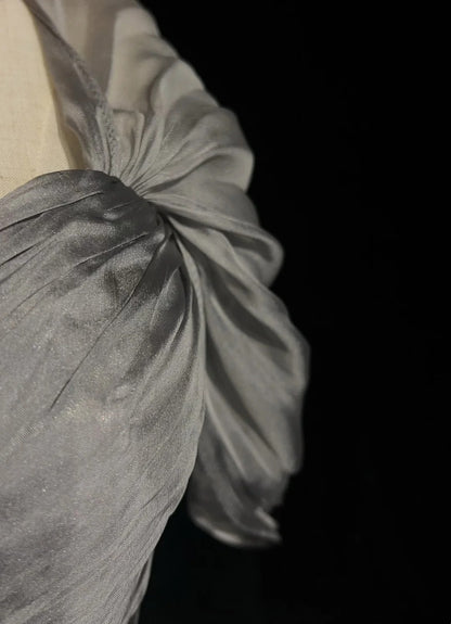 Robes de bal sirène modestes, en mousseline de soie grise avec manches, épaules dénudées, robe de soirée formelle N3847