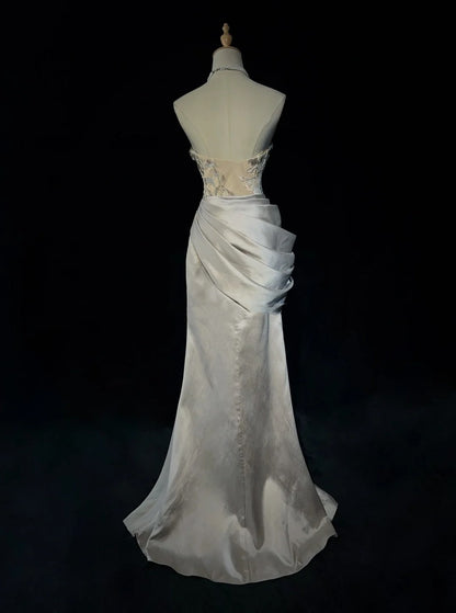 Robes de bal vintage des années 80 sirène bustier gris argenté avec perles tenues de soirée semi-formelles N3638