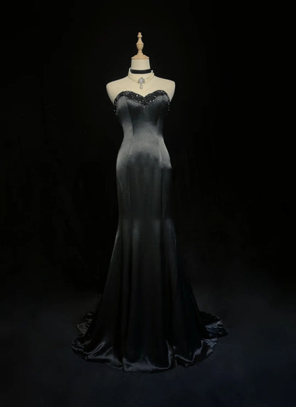 Robes de bal vintage sirène bustier satin noir perlé longue robe de soirée N2507
