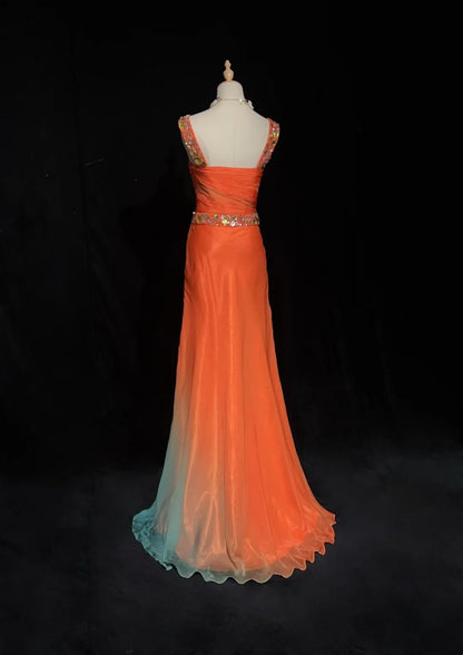 Vintage Abschlussballkleider 1960er A-Linie, eckiger Ausschnitt, orangefarbener Chiffon-Verlauf, perlenbesetztes langes Abschlussballkleid N3104
