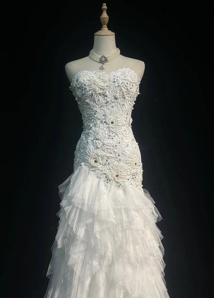 Simple Wedding Dresses Mermaid Sweetheart Lace And Tulle White Summer Beach Long Wedding Gown N3832