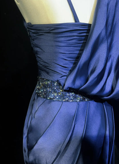 Robes de bal vintage fourreau bleu marine satin années 1990 longue robe de soirée formelle N2663