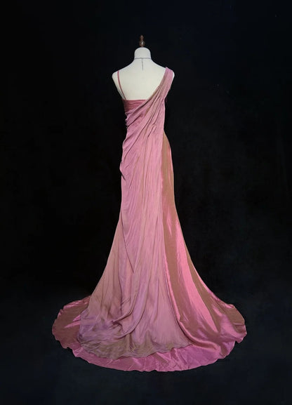 Robes de bal vintage des années 60, sirène asymétrique, bretelles, mousseline rose avec longue robe de bal à volants N3095