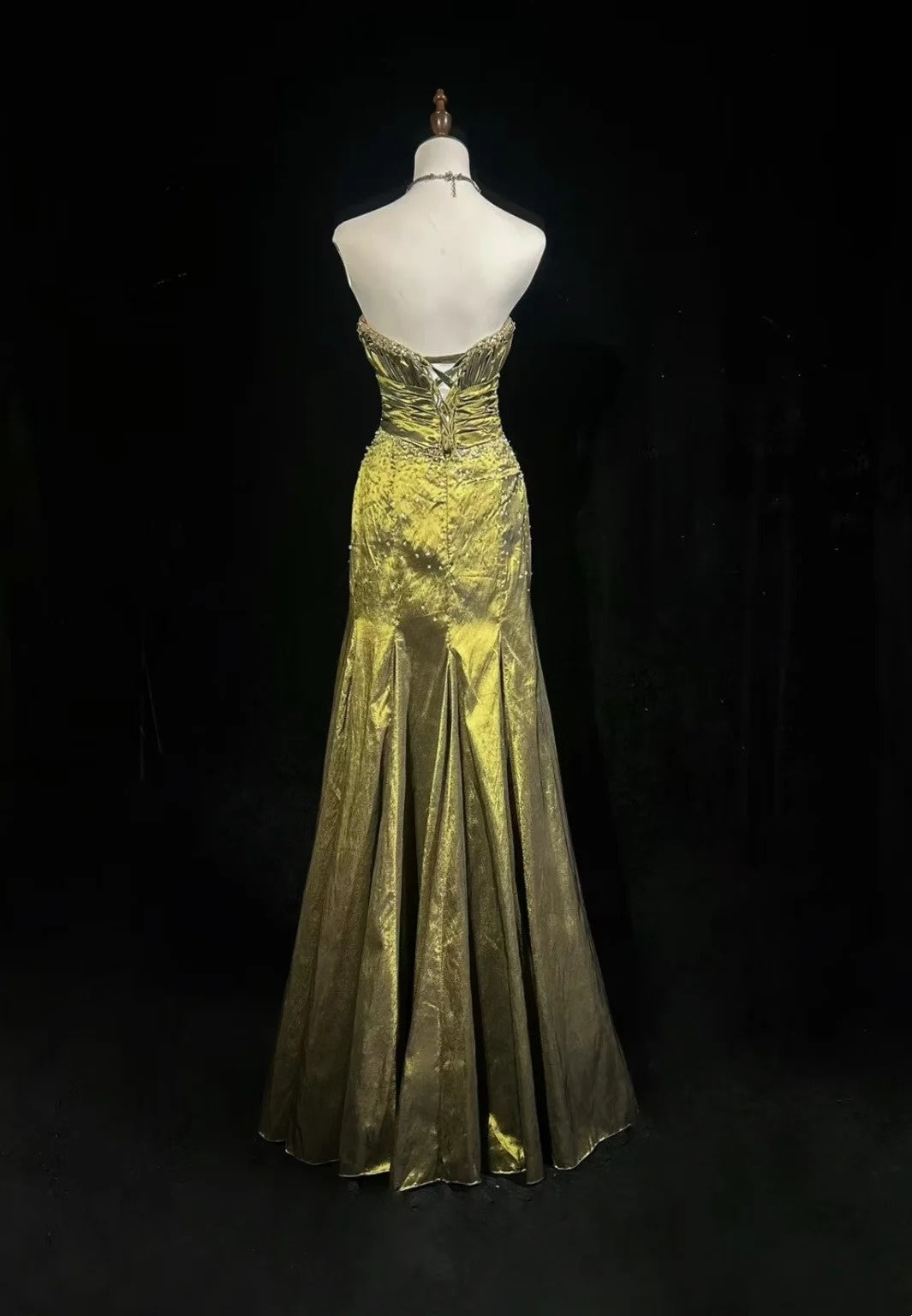 Vintage Prom Dresses 80s Mermaid Sweetheart Olive Green Satin Long With Beading Evening Formal Outfits RB5136