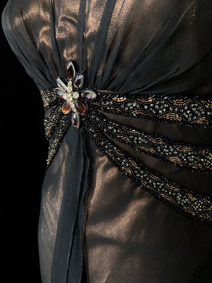 Vintage-Abschlussballkleider Spaghettiträger Meerjungfrau Braun Satin Schwarz Chiffon Lange Formelle Abendkleider N3861