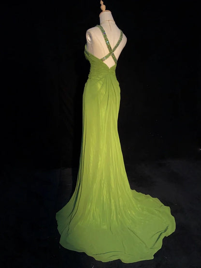 Robes de bal modestes sirène licou vert olive avec perles longues tenues de soirée N3457