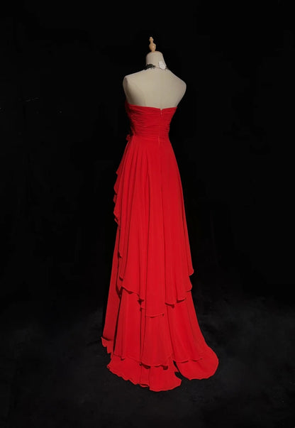 Vintage Abschlussballkleider A-Linie Sweetheart Rot 70er Jahre mit Rüschen Chiffon Langes festliches Partykleid N2524
