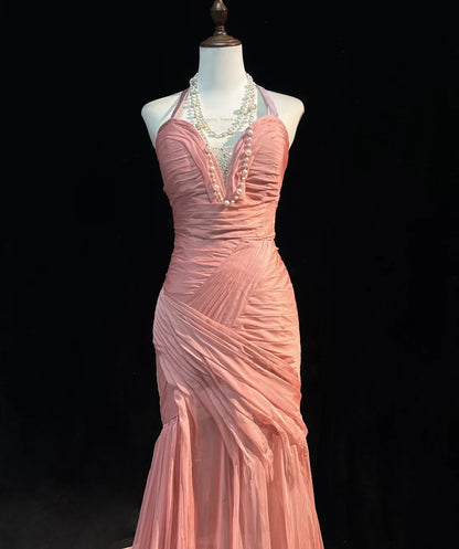 Vintage Meerjungfrau Halter Rosa Mit Falten Ärmelloses Langes Abendkleid Ballkleid Geburtstag Prom Kleider N2447