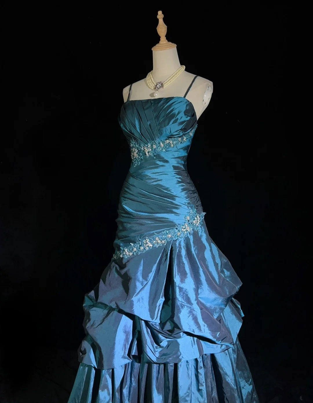 Vintage Ballkleider Ballkleid Spaghettiträger Teal Blau Ärmellos Taft 90er Langes Abendkleid N2893