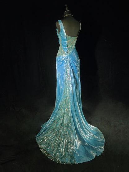 Inspiration robes de bal vintage sirène bretelles sequins bleus longues années 90 avec fleurs robes de soirée N3355