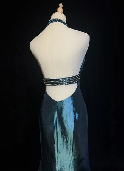 Vintage Prom Dresses Meerjungfrau Neckholder V-Ausschnitt Marineblau Rückenfrei 1990er Lange Abendkleid N2642