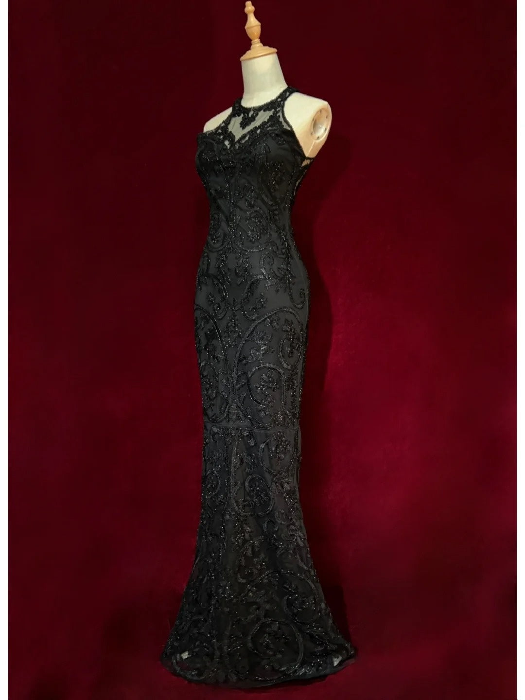 Robes de bal élégantes Inspo Sirène Col Rond Noir Pailleté Avec Perles Pour Femmes Robe de Soirée N3237