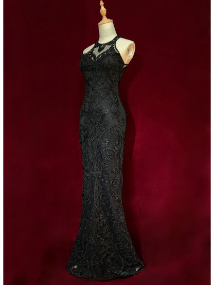 Robes de bal élégantes Inspo Sirène Col Rond Noir Pailleté Avec Perles Pour Femmes Robe de Soirée N3237