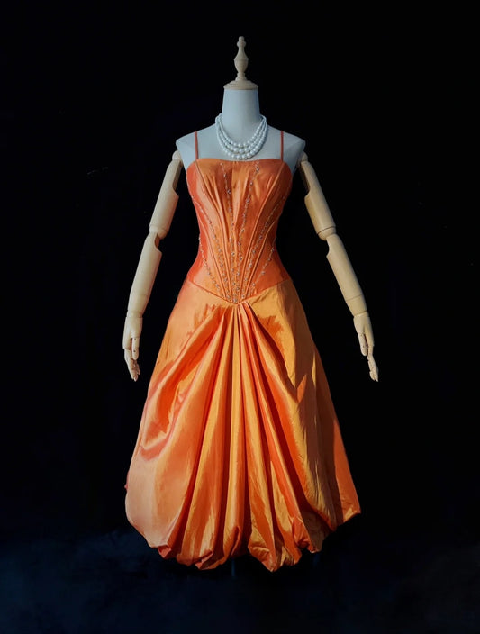 Timeless Prom Dresses Ball Gown Spaghetti Strap Orange Taffeta With Beading Cape Evening Outfits N3239