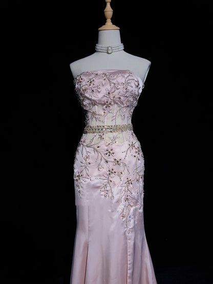 Vintage Abschlussballkleider 80er Meerjungfrau Trägerlos Rosa Satin Applikation Lange Formelle Abendgarderobe N3480