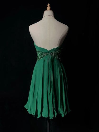 Jolies Robes de Soirée Courtes Vertes en Mousseline de Soie avec décolleté en Cœur, forme trapèze, pour bal de promo N2613