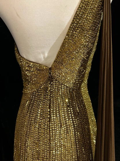 Robe de soirée sirène vintage des années 2000 à une épaule, à sequins dorés, longue robe de bal étincelante N2574