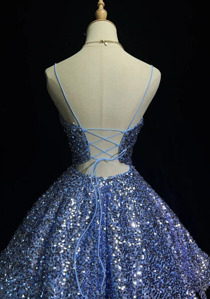 Jolie Robe de Bal Courte à Bretelles Fines Bleue Pailletée Robe de Soirée N2440