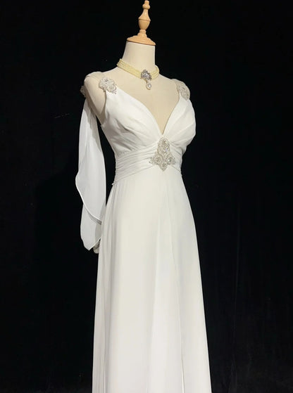 Bescheidene Brautkleider A-Linie V-Ausschnitt Chiffon Strand Sommer mit Perlen Lange Brautkleid N2999
