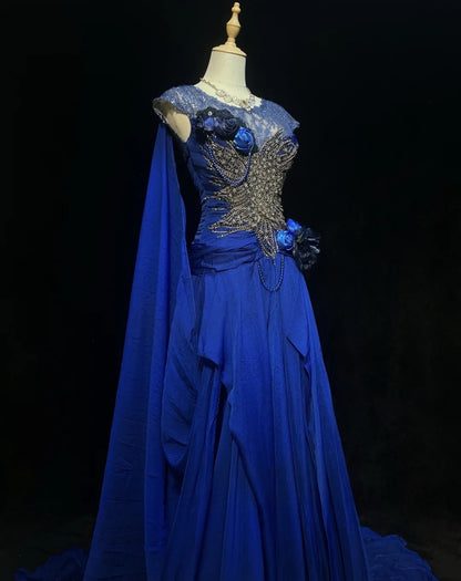 Robes de bal élégantes coupe trapèze col rond bleu roi mousseline dentelle perlée longue robe de soirée N2916