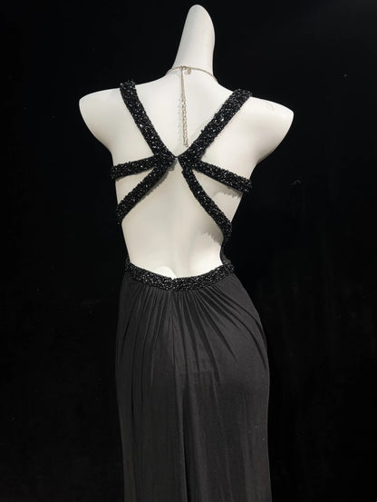 Vintage Prom Dresses 80s Mermaid Straps Black Tie Dress Backless Long With Beading Evening Formal Outfits RB5139
